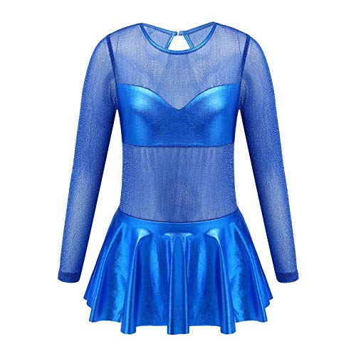 dPois Maillot Leotardo de Gimnasia Rítmica para Niñas con Falda Leotardo de Patinaje Artístico Manga Larga Brillos Metálicos Chicas Azul 9-10 años