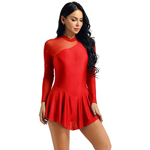 dPois Vestido de Patinaje Artístico Mujer Maillot de Patinaje Manga Larga de Malla Transparente Leotardo con Falda Gimnasia Body de Danza Espalda Abierto Rojo Small