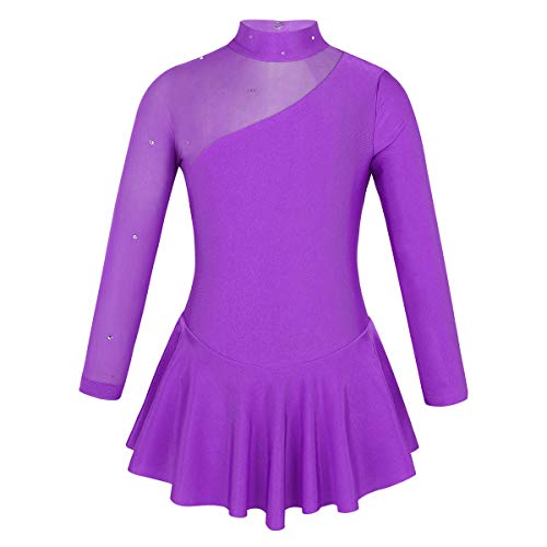 dPois Vestido de Patinaje Maillot Gimnasia Ritmica Niña Maillot de Ballet Danza Manga Larga Leotardo de Patinaje Artístico Disfraz Bailarina Tutu Princesa Cuello Alto 4-14 Años Morado 6 años