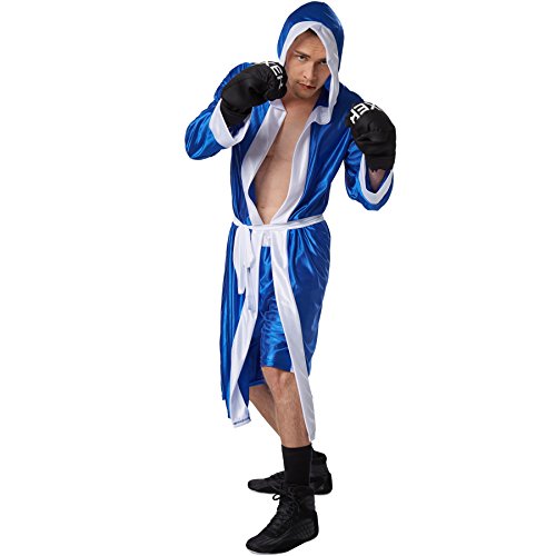 dressforfun Disfraz de boxeador para hombre | Pantalones cortos con cintura elástica | Albornoz de boxeador con capucha | Incl. guantes de boxeo y cinturón (Azul XL | No. 301832)