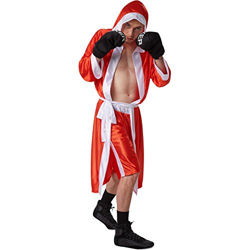 dressforfun Disfraz de boxeador para hombre | Pantalones cortos con cintura elástica | Albornoz de boxeador con capucha | Incl. guantes de boxeo y cinturón (Rojo XXL | No. 301838)