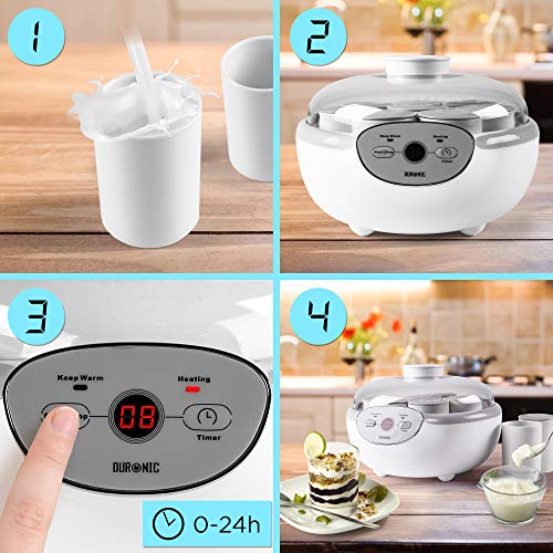 Duronic YM2 Yogurtera con Temporizador 20 W con 8 Tarros para Yogurtera de 125 ml, Panel de Control, Autoapagado, Máquina para Elaboración de Yogur Natural, Yogur Casero y Postres Tapa Transparente