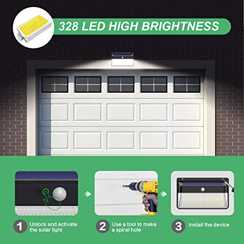 Ekrist Luz Solar Exterior, 328 LED Luces Solares【3000lm-Más Brillante & Amplio Iluminación】Foco Solar Exterior con Sensor de Movimiento, 2500mAh 3 Modos Impermeable Luz led Solar para Jardín 2 Paquete