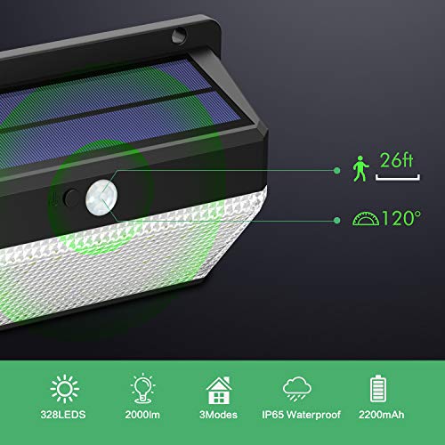 Ekrist Luz Solar Exterior, 328 LED Luces Solares【3000lm-Más Brillante & Amplio Iluminación】Foco Solar Exterior con Sensor de Movimiento, 2500mAh 3 Modos Impermeable Luz led Solar para Jardín 2 Paquete