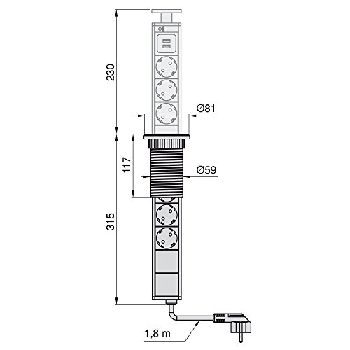 Emuca - Regleta multienchufe retráctil con 3 enchufes schuko EU y 2 Puertos USB, Torre de enchufes Vertical empotrable para encimera de Cocina o Escritorio