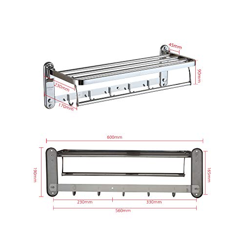 Eridanus Estante de Toallas, Toallero Doble Plegable de Acero Inoxidable de Pared, Estantería de Almacenamiento para Baño con Barras y Ganchos(60x19x24cm)