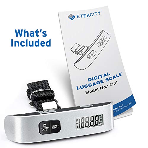 ETEKCITY Báscula Digital de Equipaje con Gancho 50 kg/ 110 lb, Pantalla LCD, Función de Tara y Datos-Bloqueados, Sensor de Temperatura, Balanza Ergonómica para Maletas Equipaje de Viaje EL11