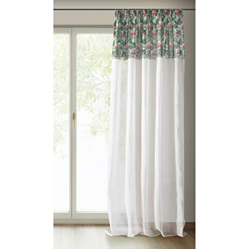 Eurofirany Flamenco Tropical Flores Hojas Fruncido Cinta Rosa Transparente Cortinas Lisas Estilo botánico salón Dormitorio 1 Pieza, 100% poliéster, Color Blanco, Verde y Multicolor, 140 x 250 cm