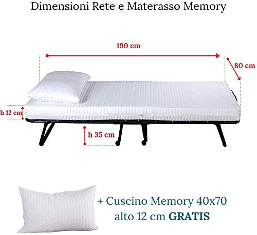 EvergreenWeb - Kit Somier Plegable y Colchón Individual 80 x 190 en Espuma Viscoelástica de 12 cm de Altura + Almohada Viscoelástica Gratuita, Revestimiento Removible, Red de Láminas de Madera