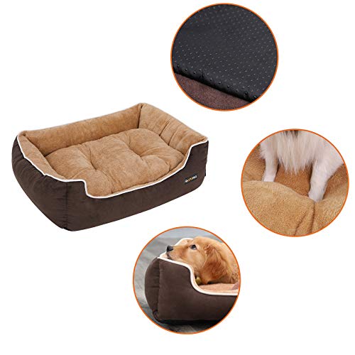 FEANDREA Cama para Perros, Sofá para Perros, Cesta para Perro, con Cojín Extraíble, 90 x 75 x 25 cm, Marrón y Beige PGW06YC