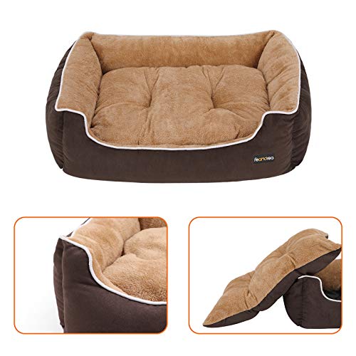 FEANDREA Cama para Perros, Sofá para Perros, Cesta para Perro, con Cojín Extraíble, 90 x 75 x 25 cm, Marrón y Beige PGW06YC