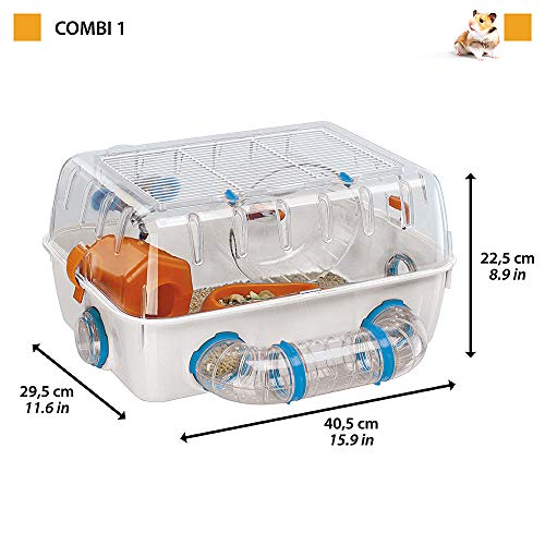 Feplast Jaula para hámsteres Combi 1, para pequeños roedores, Plástico Robusto, Techo con Rejilla abrible, Tubos y Accesorios incluidos, 40,5 x 29,5 x h 22,5 cm Blanco/Multicolor (57923499)