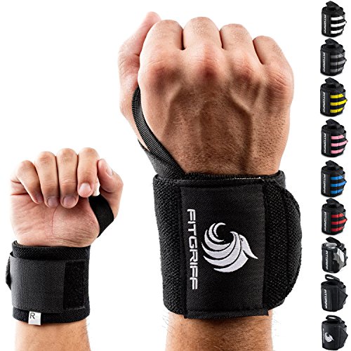 Fitgriff® Muñequeras Gym, Crossfit, Deportivas, Musculación, Gimnasio, Calistenia, Wrist Wraps - Mujeres y Hombres (Black Original)