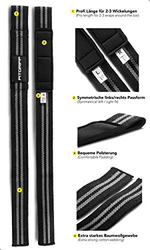 Fitgriff® Straps Powerlifting, Levantamiento de Pesas, Agarres para Gym, Agarraderas Gimnasio, Peso Muerto - Lifting Straps - Mujeres y Hombres - Black/Grey