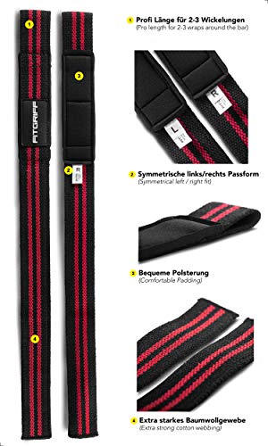 Fitgriff® Straps Powerlifting, Levantamiento de Pesas, Agarres para Gym, Agarraderas Gimnasio, Peso Muerto - Lifting Straps - Mujeres y Hombres - Black/Red