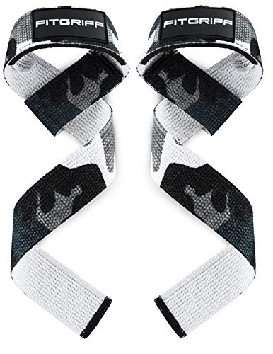 Fitgriff® Straps Powerlifting, Levantamiento de Pesas, Agarres para Gym, Agarraderas Gimnasio, Peso Muerto - Lifting Straps - Mujeres y Hombres - Camo Grey