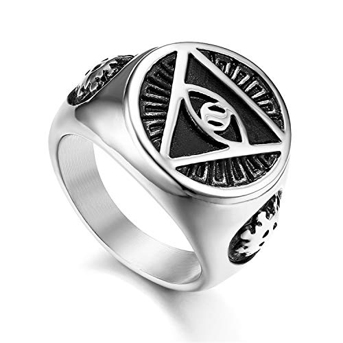 Flongo Anillo de Sello Grande Anillo de Hombre Acero Inoxidable La Pirámide con El Ojo Que Todo Lo Ve, Anillo Ojo de Horus Egipcio, Regalo Original para Hombre Talla 17