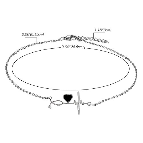 Flongo Tobillera de Electrocardiograma Pulsera de Corazón, Acero Inoxidable Pulsera de Mujer Adorable, Preciosa Tobillera Plateada 24.5cm + 3cm