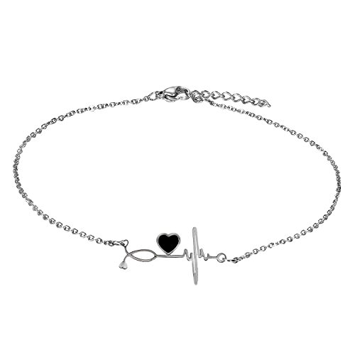 Flongo Tobillera de Electrocardiograma Pulsera de Corazón, Acero Inoxidable Pulsera de Mujer Adorable, Preciosa Tobillera Plateada 24.5cm + 3cm