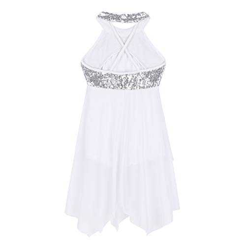 Freebily Maillot de Danza Ballet Niña Cuello de Halter con Lentejuelas Vestido Princesa para Danza Contemporánea Niñas Bailarinas Carnaval Fiesta Actuación Blanco 14 años