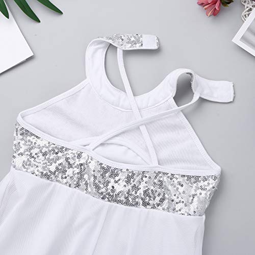 Freebily Maillot de Danza Ballet Niña Cuello de Halter con Lentejuelas Vestido Princesa para Danza Contemporánea Niñas Bailarinas Carnaval Fiesta Actuación Blanco 14 años