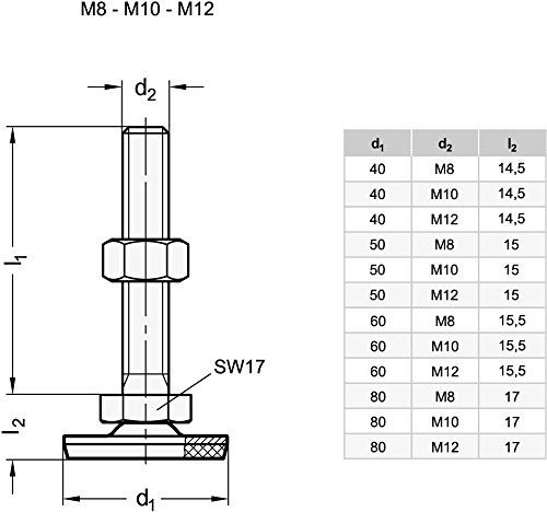 ganter Norma Elementos GN 41 – 80 de M10 – 60 de D3 de SK – Acero inoxidable Pies niveladores | goma aufvulka sincronizable, Plata