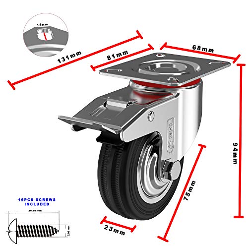 GBL - 4 Ruedas para Muebles + Tornillos 200KG | 75mm Ruedas Giratorias, Rueda Pivotantes, Ruedas Con Freno Industrial Con Placa de Montaje