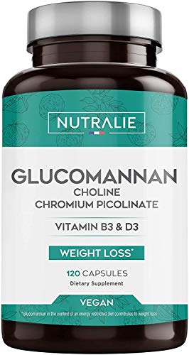 Glucomanano | Ayuda a Adelgazar e Inhibidor del Apetito 100% Natural con Bitartrato de Colina, Picolinato de Cromo y Vitaminas B3 y D3 | 120 Cápsulas Vegetales | NUTRALIE