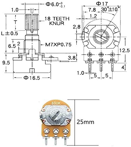 GTIWUNG 20Pcs Potenciómetro B5K B10K B20K B50K B100K Ohm, Lineal Cónico Rotativo Potenciómetro Kit, 3 Terminales Potenciometro de B-Tipo Estéreo Audio Potenciómetro con Perilla