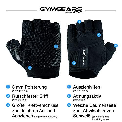 GYMGEARS Guantes de Entrenamiento para Mujeres y Hombres - Guantes Fitness para Entrenamiento Fuerza, Culturismo, con Pesas y Entrenamiento Crossfit - Unisex (XL: 24-26 cm, Negro)