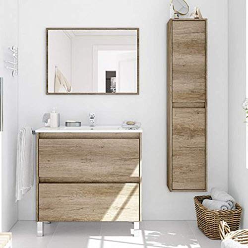 HABITMOBEL Mueble Lavabo CERÁMICO con 2 CAJONES + Espejo + Columna 2 Puertas