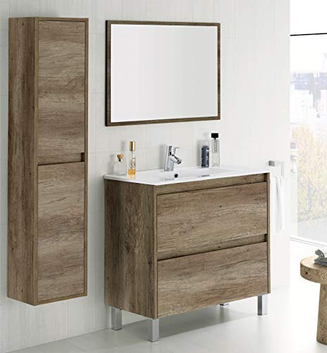 HABITMOBEL Mueble Lavabo CERÁMICO con 2 CAJONES + Espejo + Columna 2 Puertas