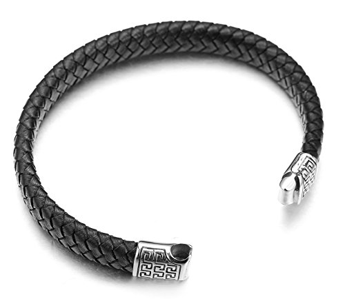 Halukakah ● Solo ● Pulsera Hombre Cuero Genuina Negro Cierre Magnético Titanio Acero Inoxidable 8.46"(21.5cm) con CajaDeRegaloGRATIS