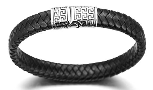 Halukakah ● Solo ● Pulsera Hombre Cuero Genuina Negro Cierre Magnético Titanio Acero Inoxidable 8.46"(21.5cm) con CajaDeRegaloGRATIS