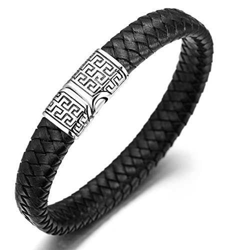 Halukakah ● Solo ● Pulsera Hombre Cuero Genuina Negro Cierre Magnético Titanio Acero Inoxidable 8.46"(21.5cm) con CajaDeRegaloGRATIS