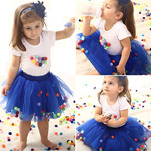 Happy Cherry - Falda Plisada Tutú Azul 4 Capas de Tul de Niñas para Halloween Navidad Bautizo con Pompones Colores - Talla S