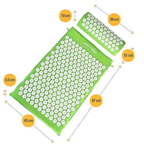 High Pulse Set de Acupresión + 5 Anillos + Póster - Esterilla acupresión y cojín de acupresión que estimulan la circulación sanguínea y liberan la tensión (Verde)