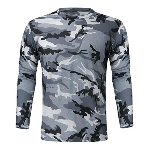 Hombres Camisetas Deportivo Camiseta Manga Larga Camuflaje Pullover Running Gym Entrenamiento Sweatshirt Impresión Tops Cómodo Básica Casual Otoño Invierno(Gris,L)