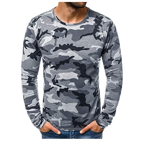 Hombres Camisetas Deportivo Camiseta Manga Larga Camuflaje Pullover Running Gym Entrenamiento Sweatshirt Impresión Tops Cómodo Básica Casual Otoño Invierno(Gris,L)