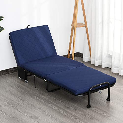 HOMCOM Cama Plegable Cama de Camping Portátil Ahorro de Espacio con Cabecera Ajustable en 5 Niveles de Ángulo 5 Ruedas Universales Carga Máx 120 kg 184x65x26 cm Azul