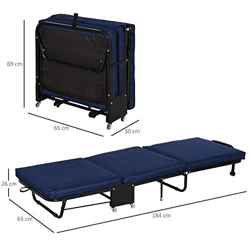 HOMCOM Cama Plegable Cama de Camping Portátil Ahorro de Espacio con Cabecera Ajustable en 5 Niveles de Ángulo 5 Ruedas Universales Carga Máx 120 kg 184x65x26 cm Azul