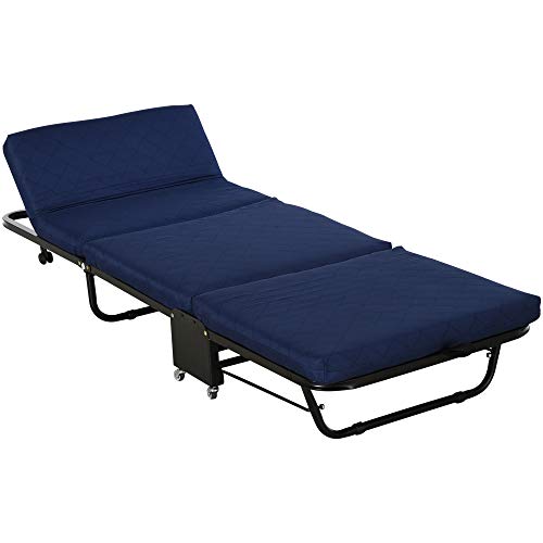 HOMCOM Cama Plegable Cama de Camping Portátil Ahorro de Espacio con Cabecera Ajustable en 5 Niveles de Ángulo 5 Ruedas Universales Carga Máx 120 kg 184x65x26 cm Azul