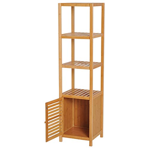 HOMCOM Estantería de Bambú para Baño Armario Alto Librería Organizador 4 Niveles 1 Puerta 36x33x140cm