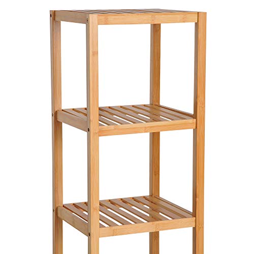 HOMCOM Estantería de Bambú para Baño Armario Alto Librería Organizador 4 Niveles 1 Puerta 36x33x140cm