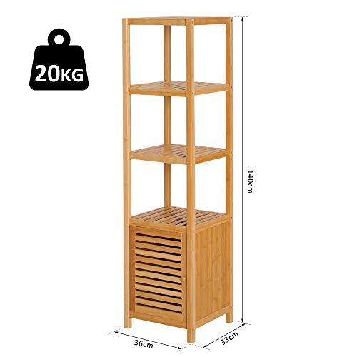 HOMCOM Estantería de Bambú para Baño Armario Alto Librería Organizador 4 Niveles 1 Puerta 36x33x140cm