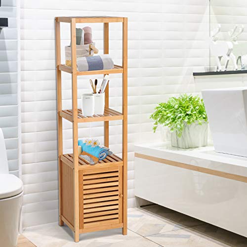 HOMCOM Estantería de Bambú para Baño Armario Alto Librería Organizador 4 Niveles 1 Puerta 36x33x140cm