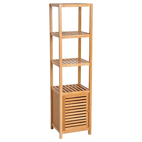 HOMCOM Estantería de Bambú para Baño Armario Alto Librería Organizador 4 Niveles 1 Puerta 36x33x140cm