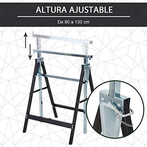 HOMCOM Set de 2 Andamios Caballete Telescópico Altura Ajustable Plegable Metálico Forma Cuadrada Estable Carga 200kg Acero 68x58x80-130 cm Negro