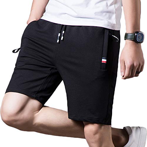 HUATING Pantalones Cortos Deportivos para Hombre, Pantalones de Hombre con Cordón y Cremallera para Los Bolsillos (Black, L)