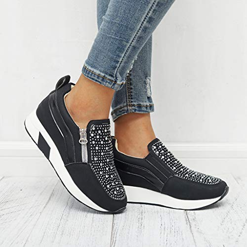 HULKY Zapatos Deportivos Plataforma Mujer, Zapatillas Brillantes Calzado con Cremallera Plano Calzado Running Andar Casual Fiesta CláSico Comodos (Negro,35)